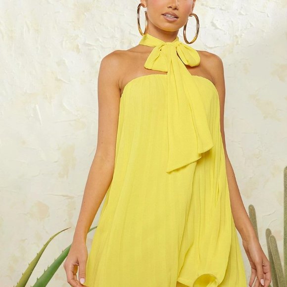 Yellow Casual Womens Pleated Halter Dress - Picture 4 of 5